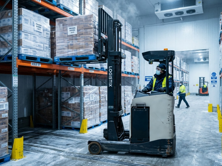 48V reach truck operating in a cold chain logistics warehouse using LiFePO4 battery systems for multi-shift operations 48V reach truck operating in a cold chain logistics warehouse using LiFePO4 battery systems for multi-shift operations