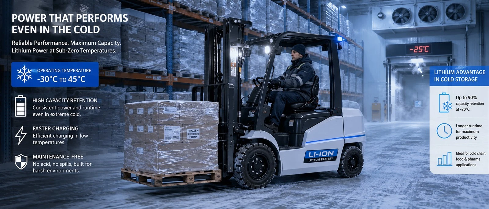 Industrial forklift operating in a cold storage environment highlighting the capacity benefits of lithium batteries in sub-zero temperatures Industrial forklift operating in a cold storage environment highlighting the capacity benefits of lithium batteries in sub-zero temperatures