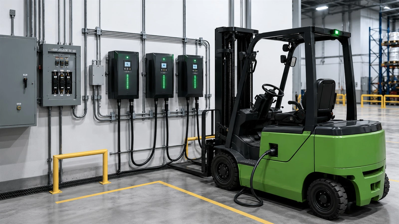 Industrial charger station installation for lithium-ion forklift batteries requiring specialized electrical setup Industrial charger station installation for lithium-ion forklift batteries requiring specialized electrical setup